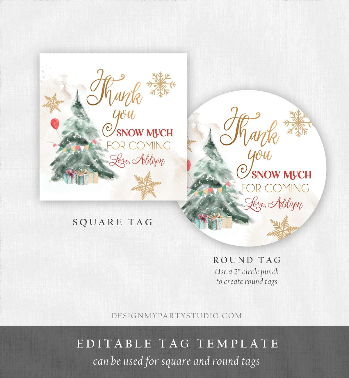 Editable Winter Tree Thank You Tag Winter Onederland Neutral Red Gold Christmas Thank You Snow Much Birthday Digital Template Printable 0363