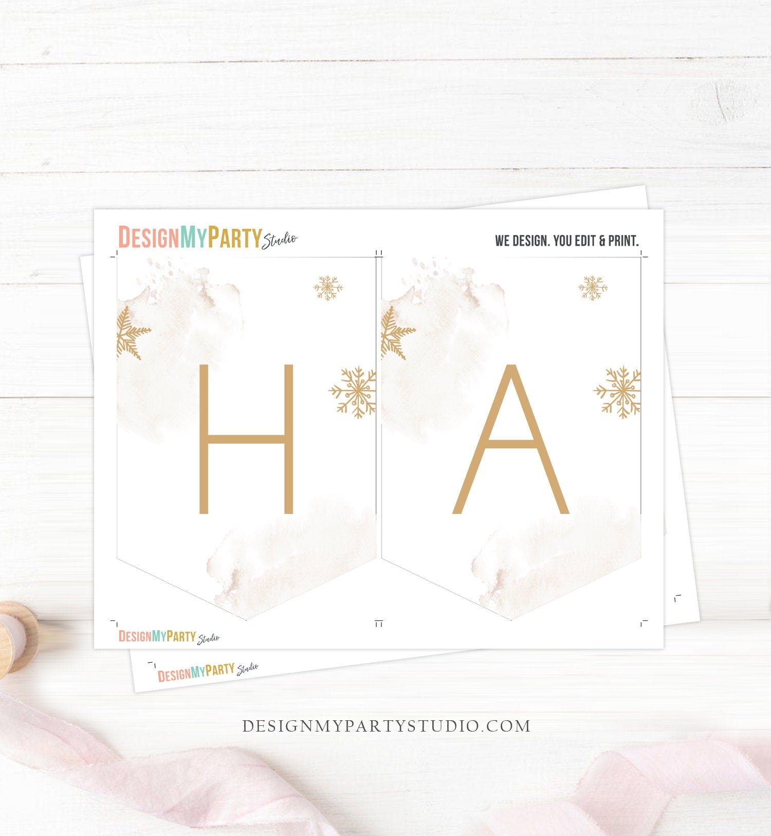 Happy Birthday Banner Winter Tree Birthday Neutral Gold Red Winter Onederland Winter Magical Christmas Digital Download Printable 0363