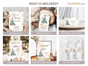 Winter ONEderland Birthday Bundle Christmas Neutral Red Gold 1st First Birthday Tree Snowflakes Watercolor Printable Corjl Template 0363
