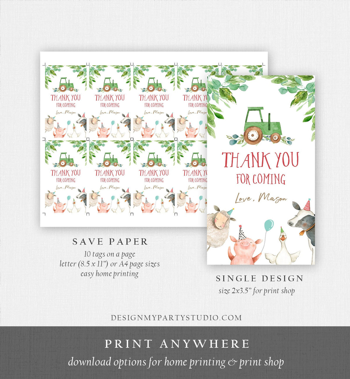Editable Farm Favor Tags Tags Boy Farm Birthday Thank you tags Barnyard Gift Tags Green Tractor Digital Download Template Printable 0155