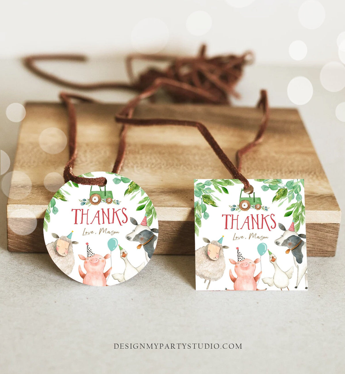 Editable Farm Animals Thank You Tags Boy Birthday Green Tractor Barnyard Stickers Decor Favor Tags Cow Pig Download Template Printable 0155