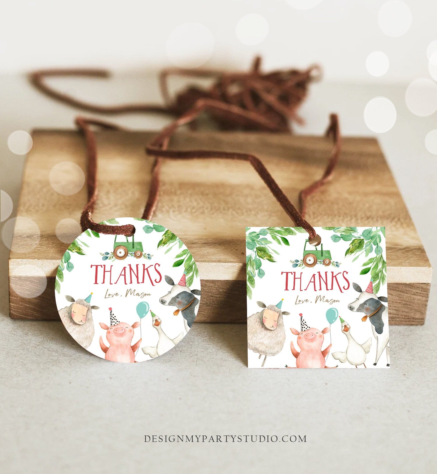 Editable Farm Animals Thank You Tags Boy Birthday Green Tractor Barnyard Stickers Decor Favor Tags Cow Pig Download Template Printable 0155