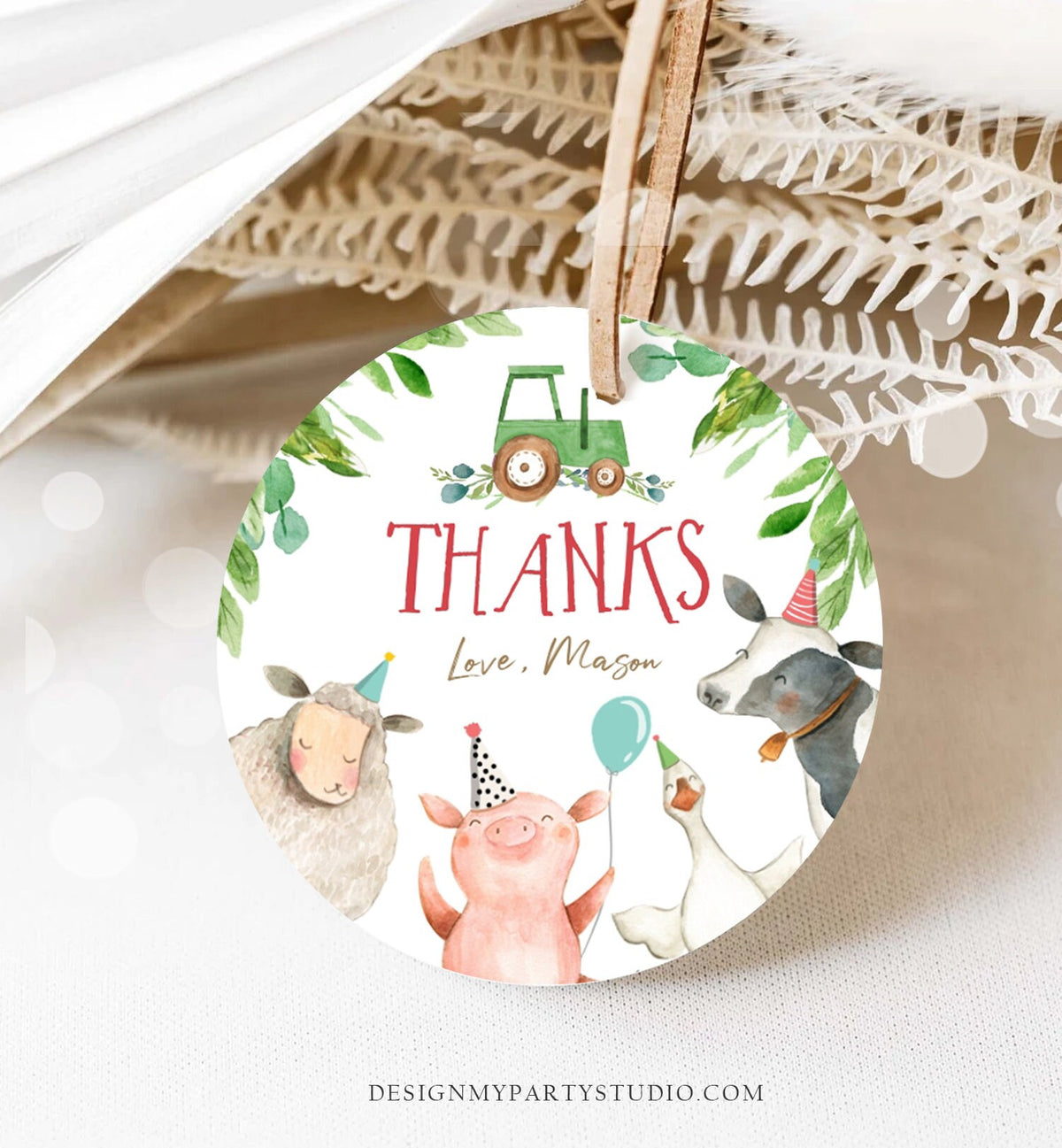 Editable Farm Animals Thank You Tags Boy Birthday Green Tractor Barnyard Stickers Decor Favor Tags Cow Pig Download Template Printable 0155