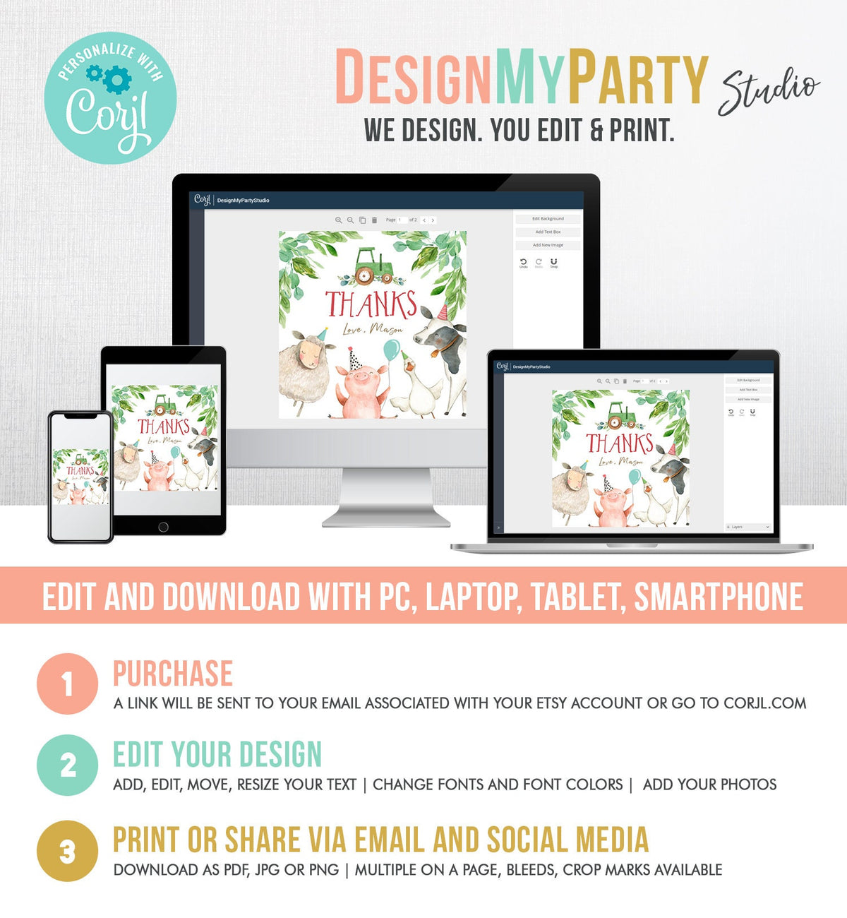 Editable Farm Animals Thank You Tags Boy Birthday Green Tractor Barnyard Stickers Decor Favor Tags Cow Pig Download Template Printable 0155