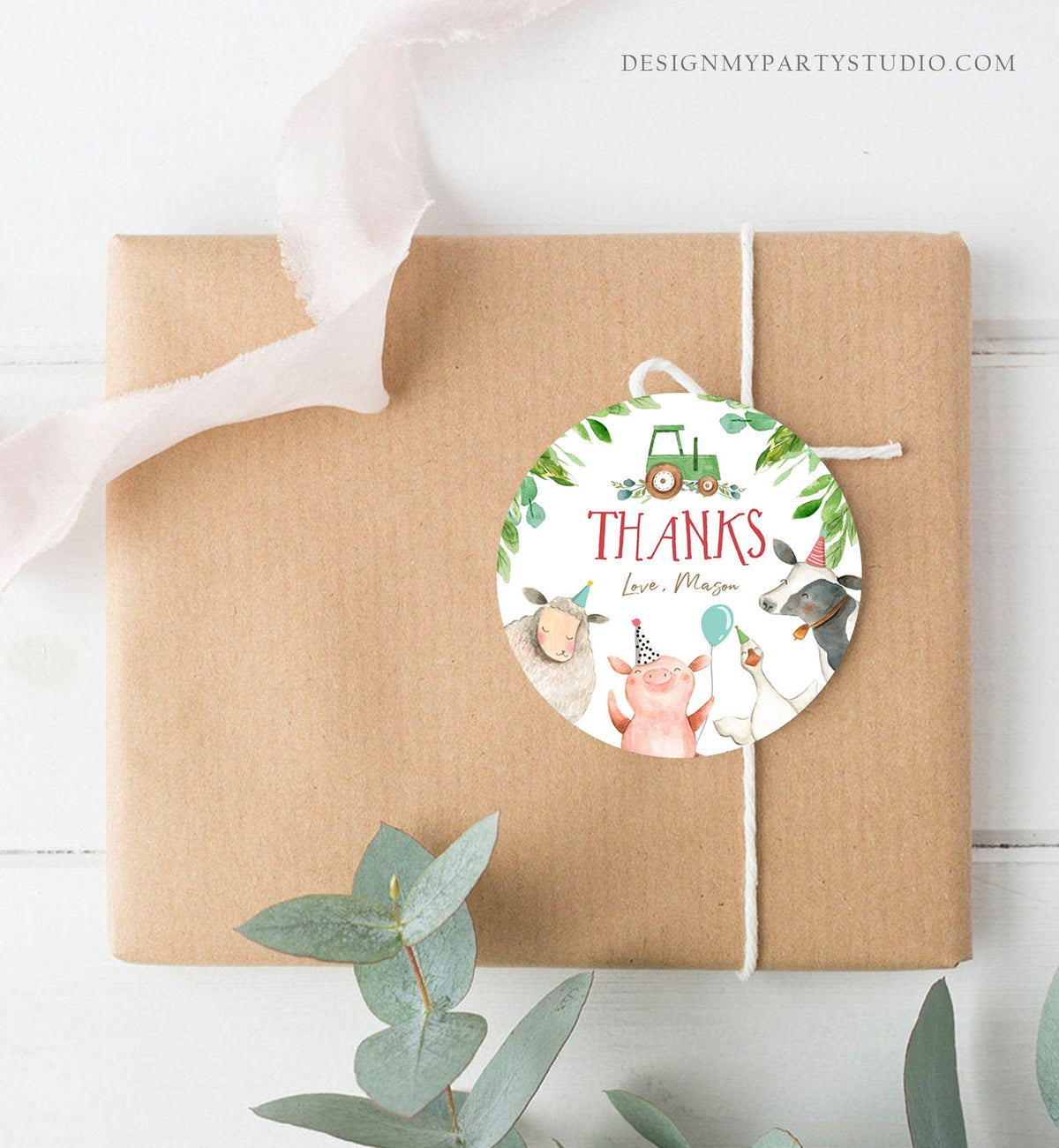 Editable Farm Animals Thank You Tags Boy Birthday Green Tractor Barnyard Stickers Decor Favor Tags Cow Pig Download Template Printable 0155