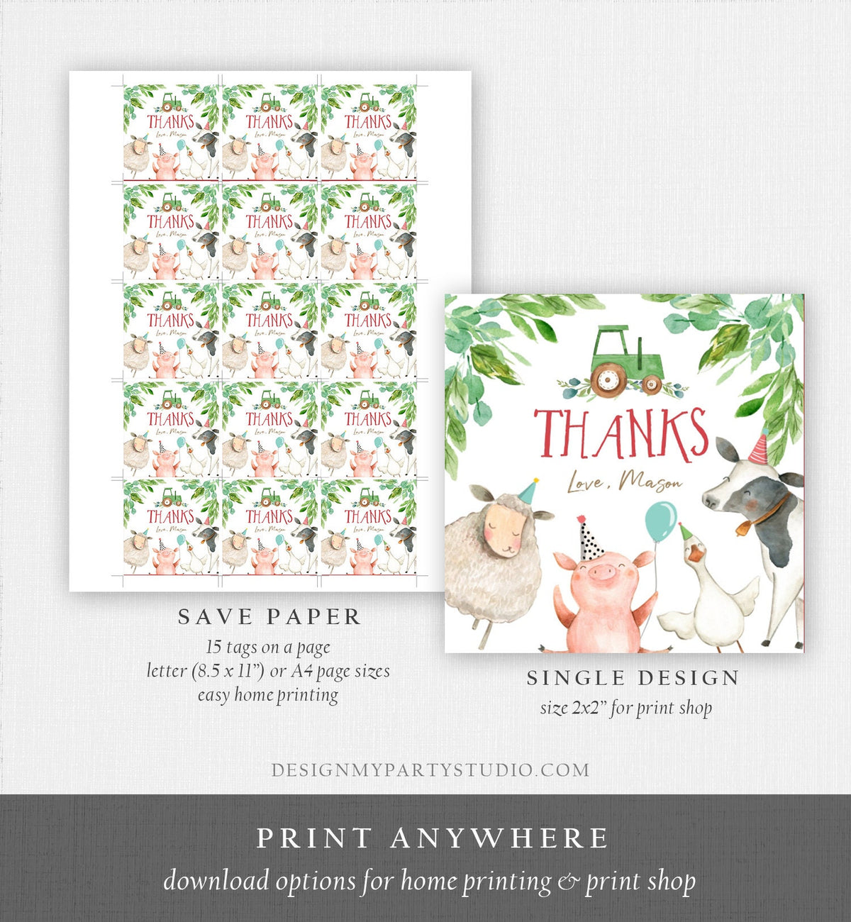 Editable Farm Animals Thank You Tags Boy Birthday Green Tractor Barnyard Stickers Decor Favor Tags Cow Pig Download Template Printable 0155