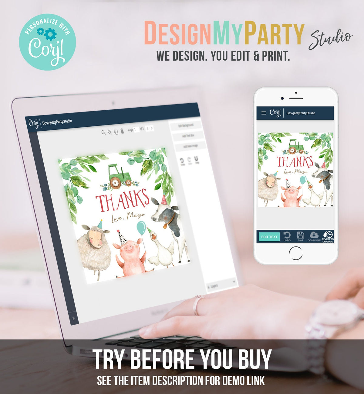 Editable Farm Animals Thank You Tags Boy Birthday Green Tractor Barnyard Stickers Decor Favor Tags Cow Pig Download Template Printable 0155