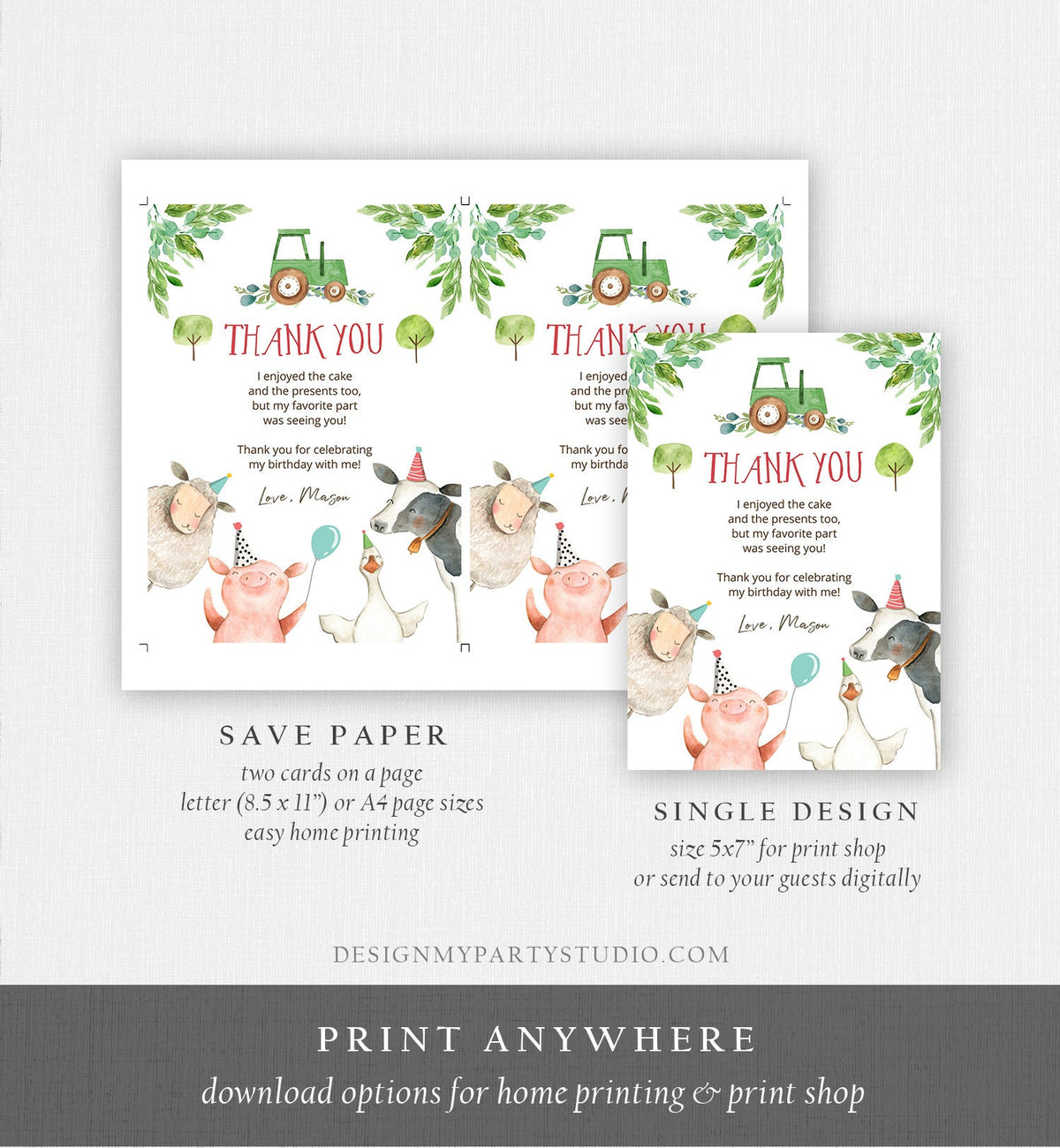 Editable Farm Animals Thank You Card Green Gingham Tractor Farm Birthday Boy Barnyard Note Birthday Corjl Template Instant Download 0155