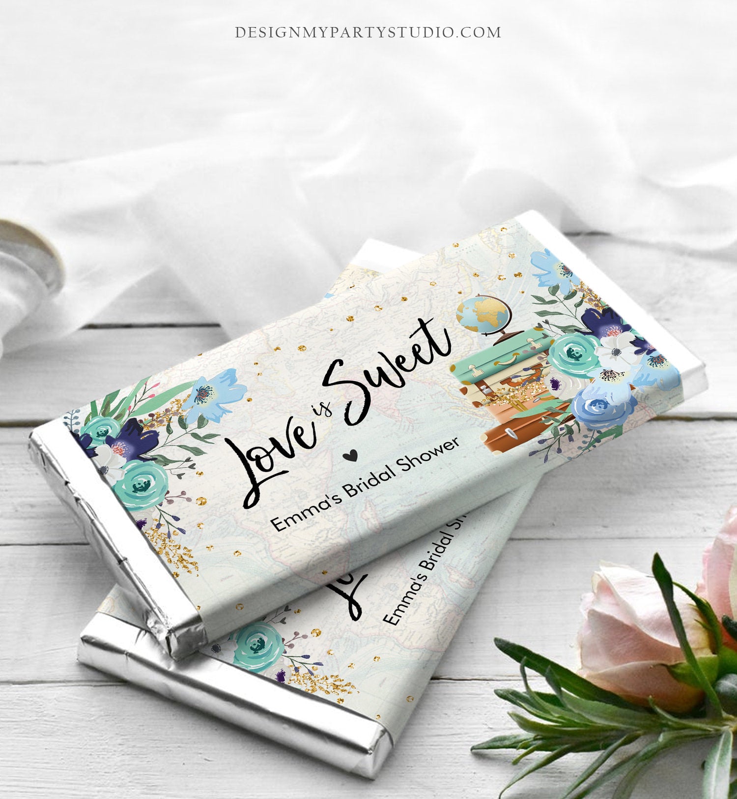 Editable Love is Sweet Chocolate Bar Wrapper Bridal Shower Travel Adventure Traveling to Mrs Blue Floral Baby Corjl Template Printable 0030