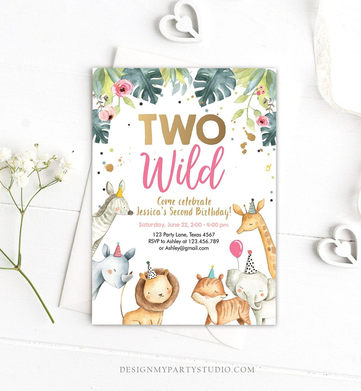 Editable Two Wild Birthday Invitation Safari Animals Girl Second 2nd Birthday Party Animals Digital Download Template Evite Printable 0163