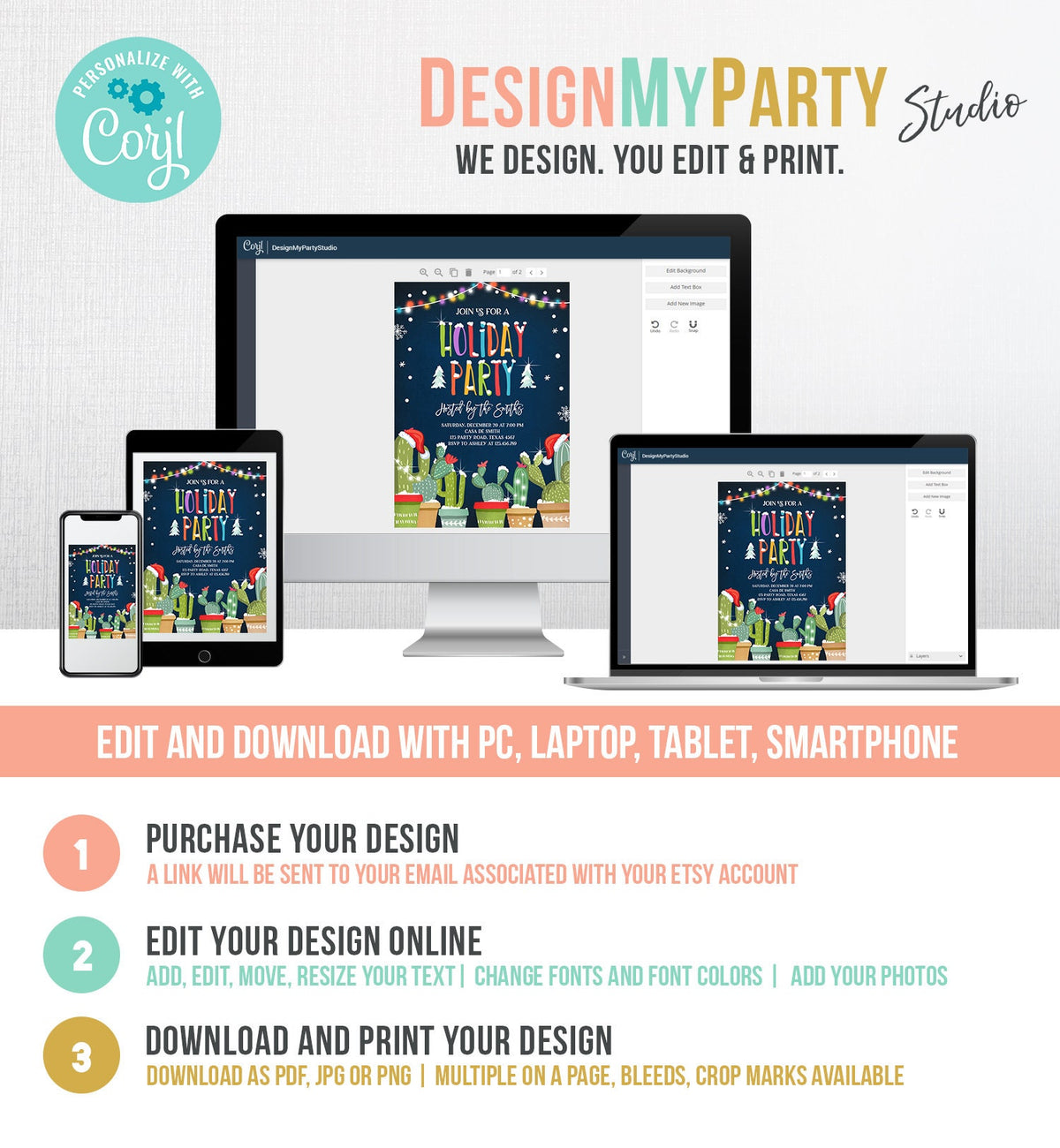 Editable Holiday Party Invitation Christmas Fiesta Cactus Mexican Holiday Feliz Navidad Xmas Party Digital Evite Template Printable 0273