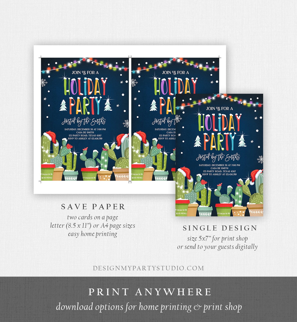 Editable Holiday Party Invitation Christmas Fiesta Cactus Mexican Holiday Feliz Navidad Xmas Party Digital Evite Template Printable 0273