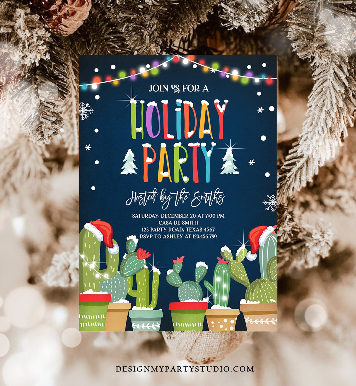 Editable Holiday Party Invitation Christmas Fiesta Cactus Mexican Holiday Feliz Navidad Xmas Party Digital Evite Template Printable 0273