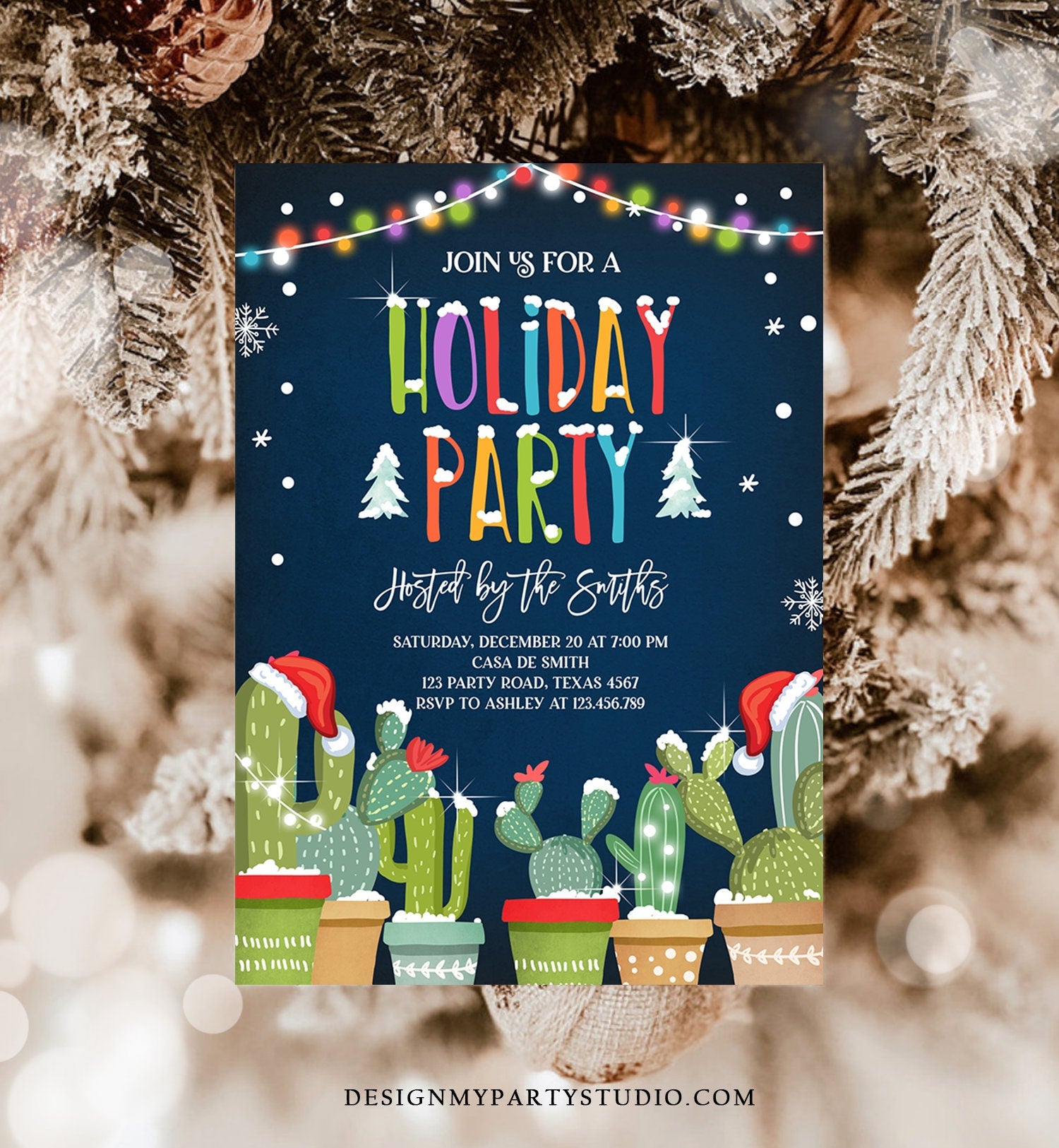 Editable Holiday Party Invitation Christmas Fiesta Cactus Mexican Holiday Feliz Navidad Xmas Party Digital Evite Template Printable 0273