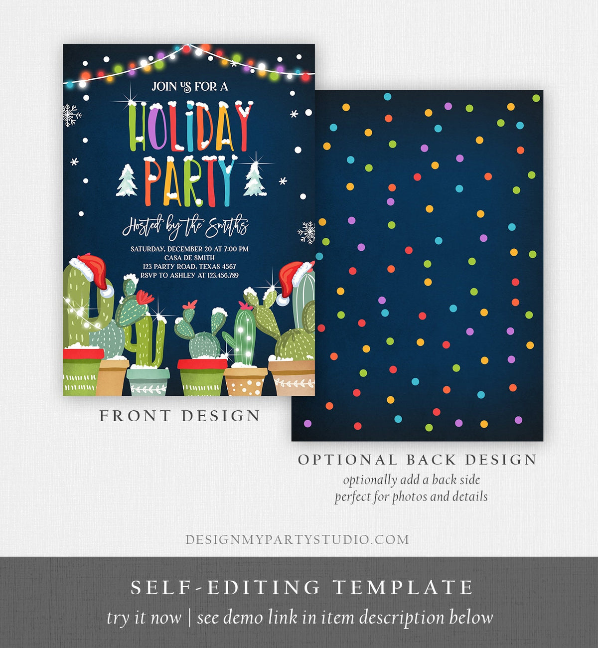 Editable Holiday Party Invitation Christmas Fiesta Cactus Mexican Holiday Feliz Navidad Xmas Party Digital Evite Template Printable 0273
