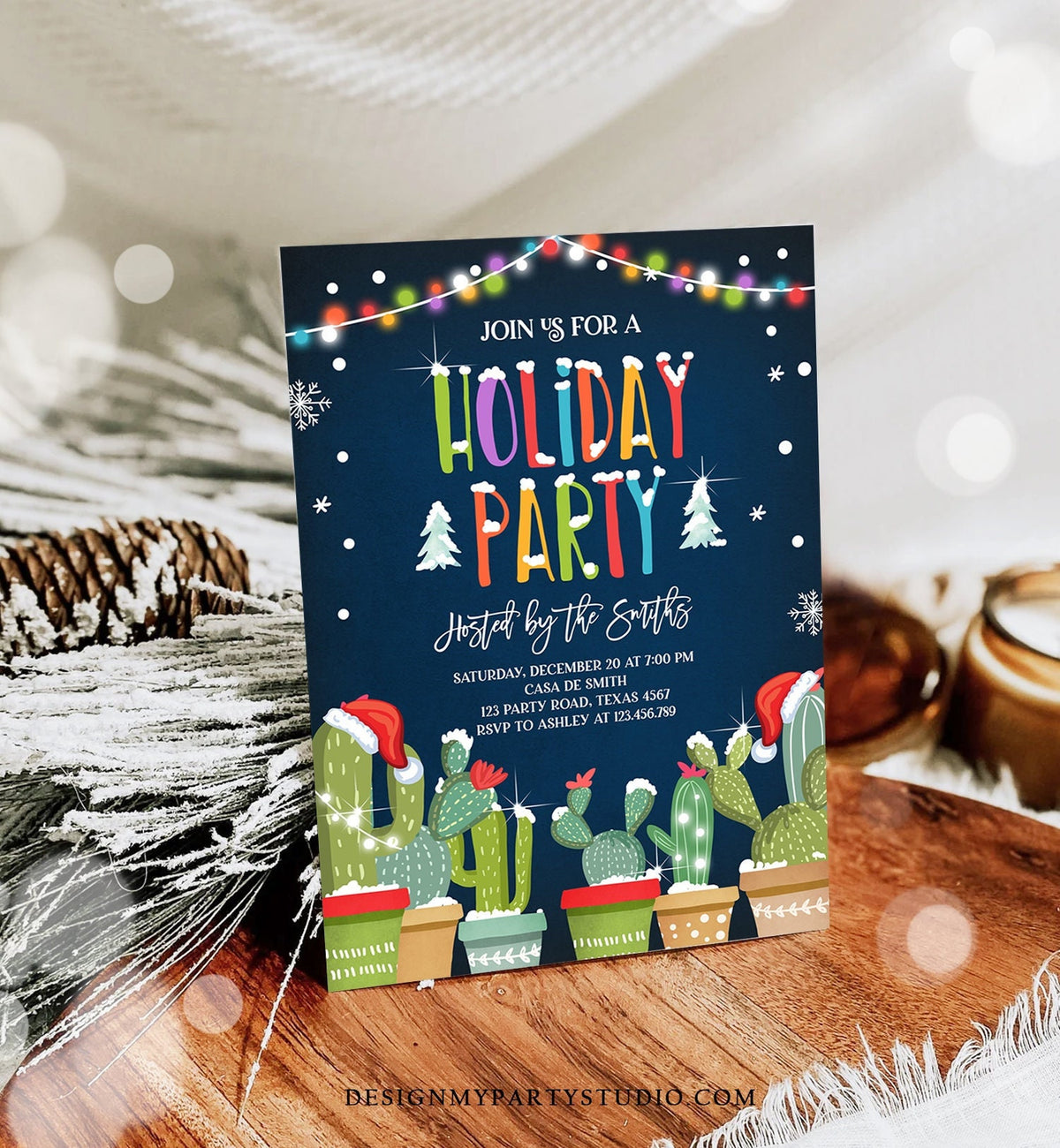 Editable Holiday Party Invitation Christmas Fiesta Cactus Mexican Holiday Feliz Navidad Xmas Party Digital Evite Template Printable 0273