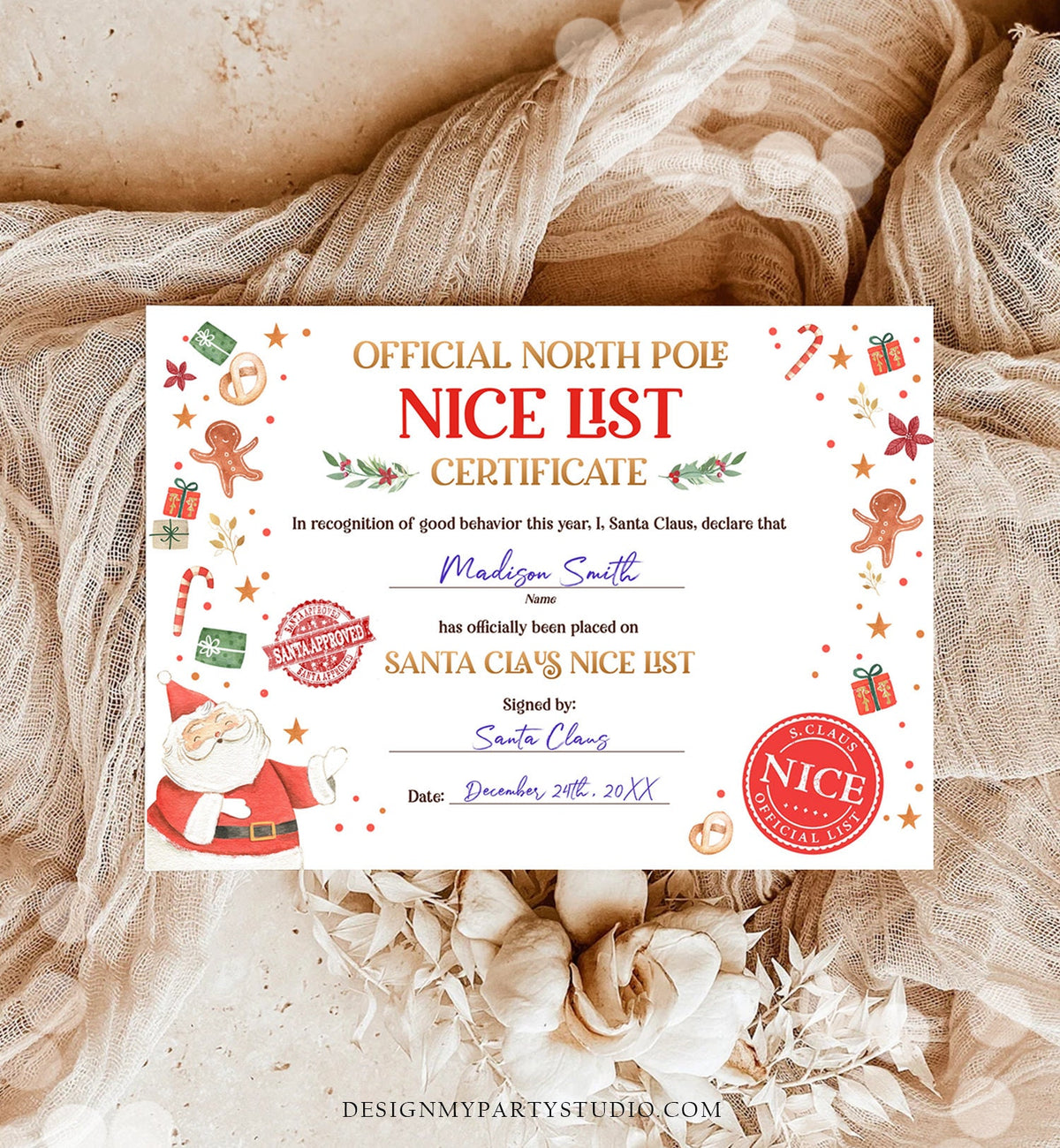 Editable Santa Claus Official Nice List Certificate Letter From Desk Santa Claus Christmas Eve North Pole Corjl Template Printable 0358
