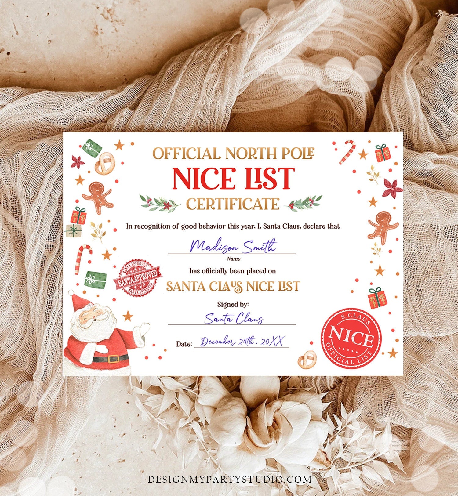 Editable Santa Claus Official Nice List Certificate Letter From Desk Santa Claus Christmas Eve North Pole Corjl Template Printable 0358