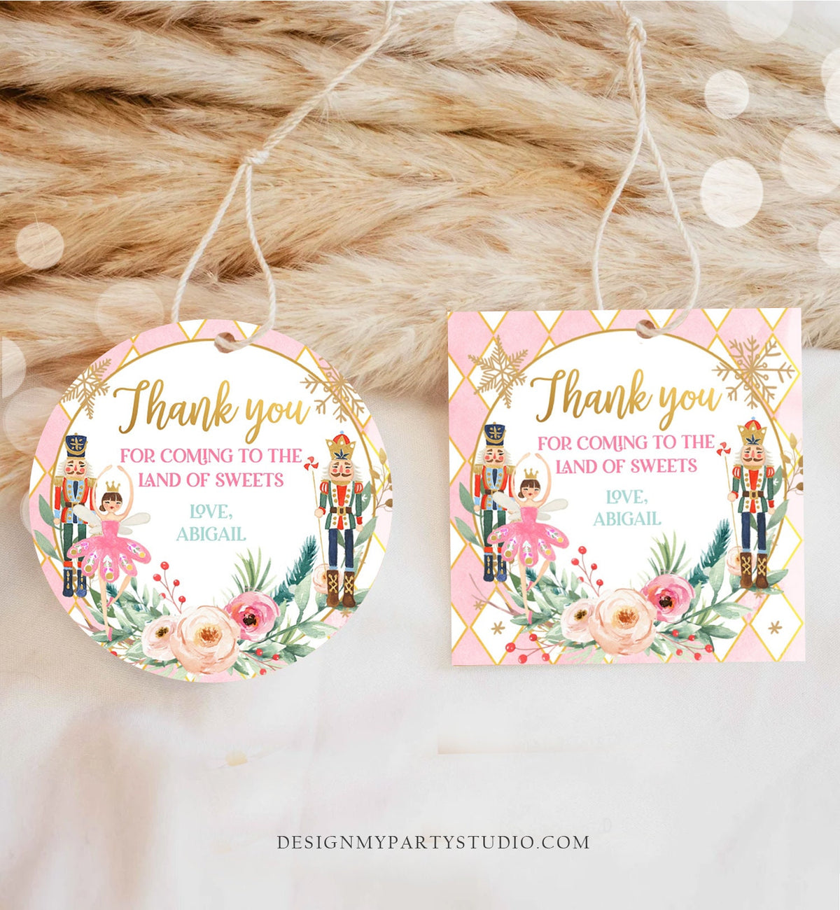 Editable Nutcracker Favor Tag Nutcracker Birthday Land of Sweets Thank You Tag Sugar Plum Fairy Christmas Winter Pink Gold Girl Corjl 0352