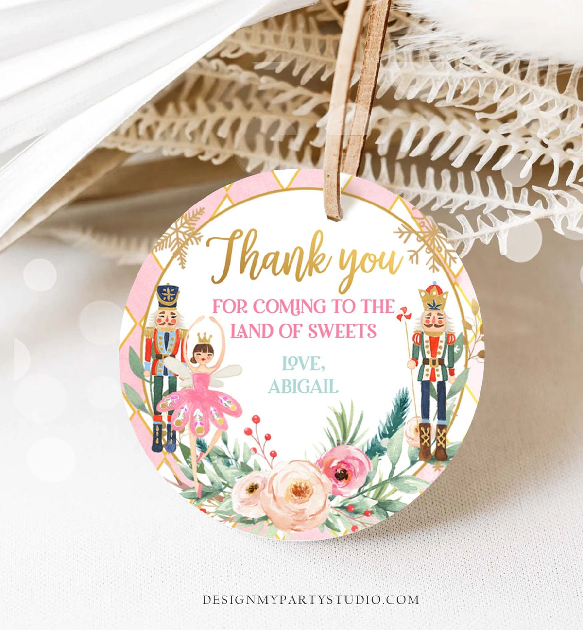 Editable Nutcracker Favor Tag Nutcracker Birthday Land of Sweets Thank You Tag Sugar Plum Fairy Christmas Winter Pink Gold Girl Corjl 0352
