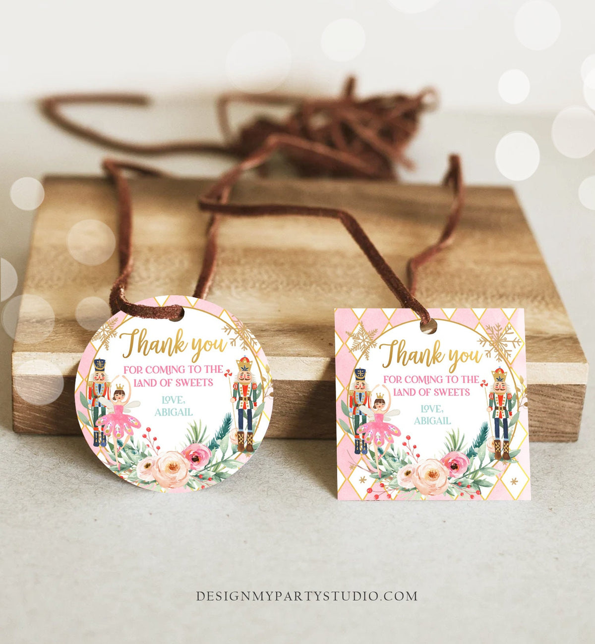 Editable Nutcracker Favor Tag Nutcracker Birthday Land of Sweets Thank You Tag Sugar Plum Fairy Christmas Winter Pink Gold Girl Corjl 0352