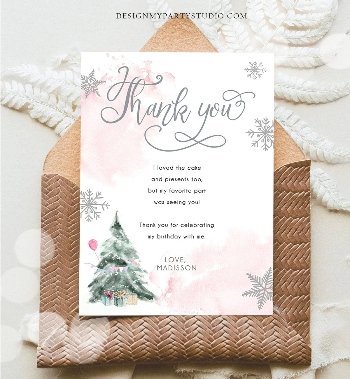 Editable Winter Tree Thank You Card Watercolor Birthday Winter Onederland Pink Girl Christmas Snow Snowflake Digital Template Printable 0363