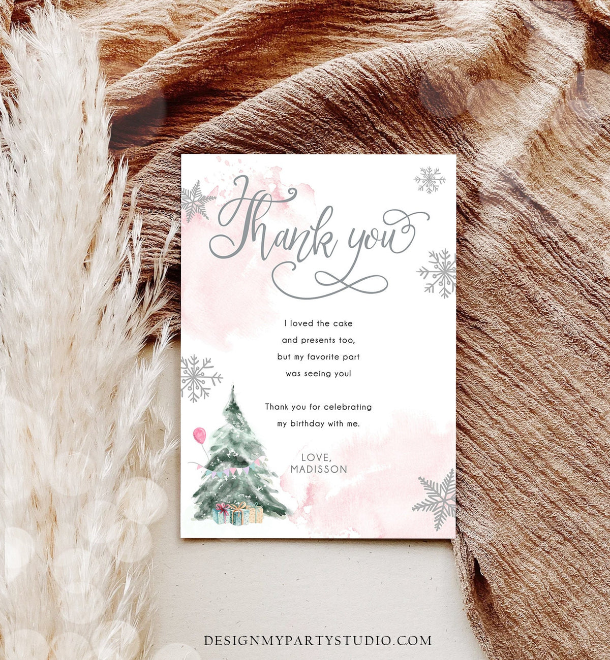 Editable Winter Tree Thank You Card Watercolor Birthday Winter Onederland Pink Girl Christmas Snow Snowflake Digital Template Printable 0363