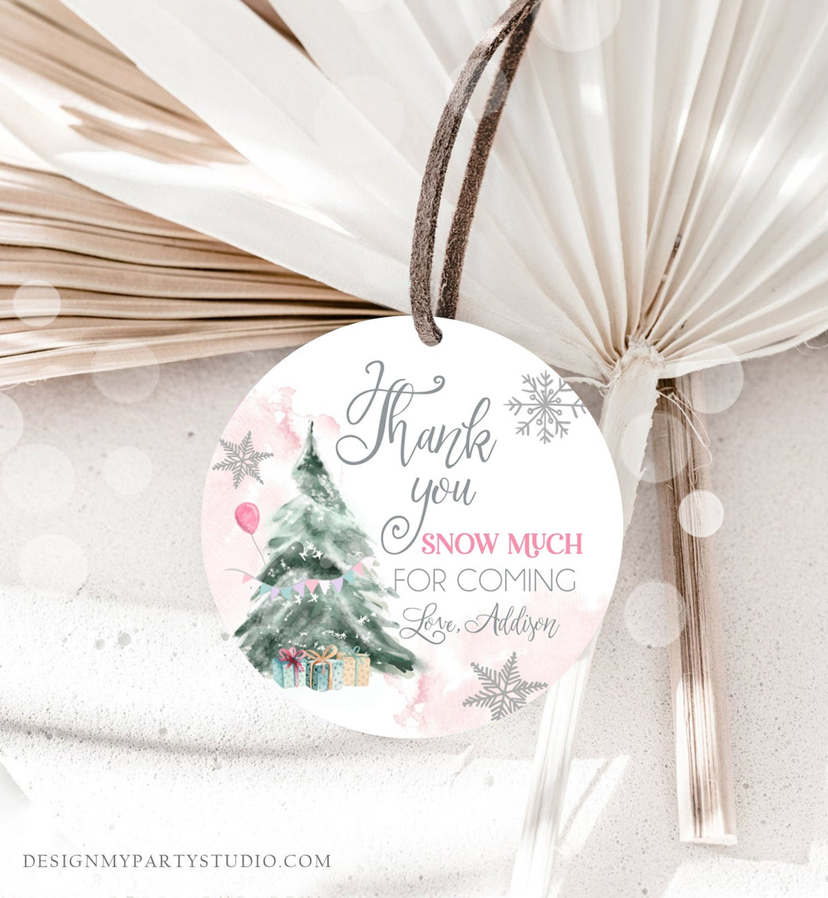 Editable Winter Tree Thank You Tag Winter Onederland Girl Christmas Thank You Snow Much Birthday Pink Silver Digital Template Printable 0363