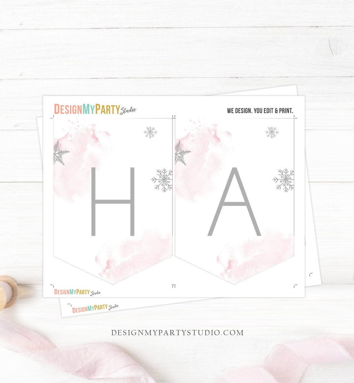 Happy Birthday Banner Winter Tree Birthday Girl Winter Onederland Magical Winter Christmas Silver Pink Digital Download Printable 0363
