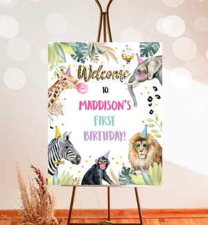 Editable Party Animals Welcome Sign Party Animal Sign Zoo Safari Welcome Jungle Sign Birthday Animals Girl Template PRINTABLE Corjl 0417