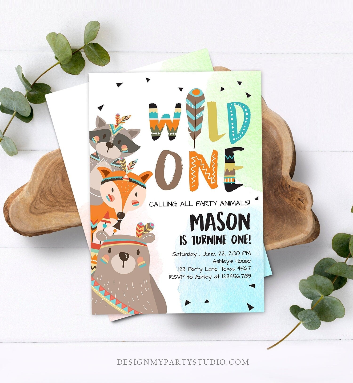 Editable Tribal Woodland Wild One First Birthday Invitation Boho Woodland Animals Boy Instant Download Printable Template Corjl Digital 0061