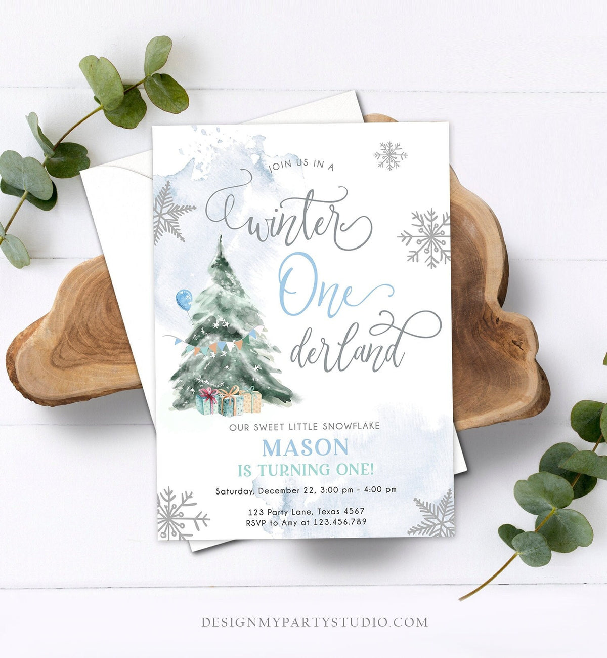 Editable Winter ONEderland Birthday Invitation First Birthday 1st Boy Watercolor Tree Christmas Snowflake Digital Template Printable 0363