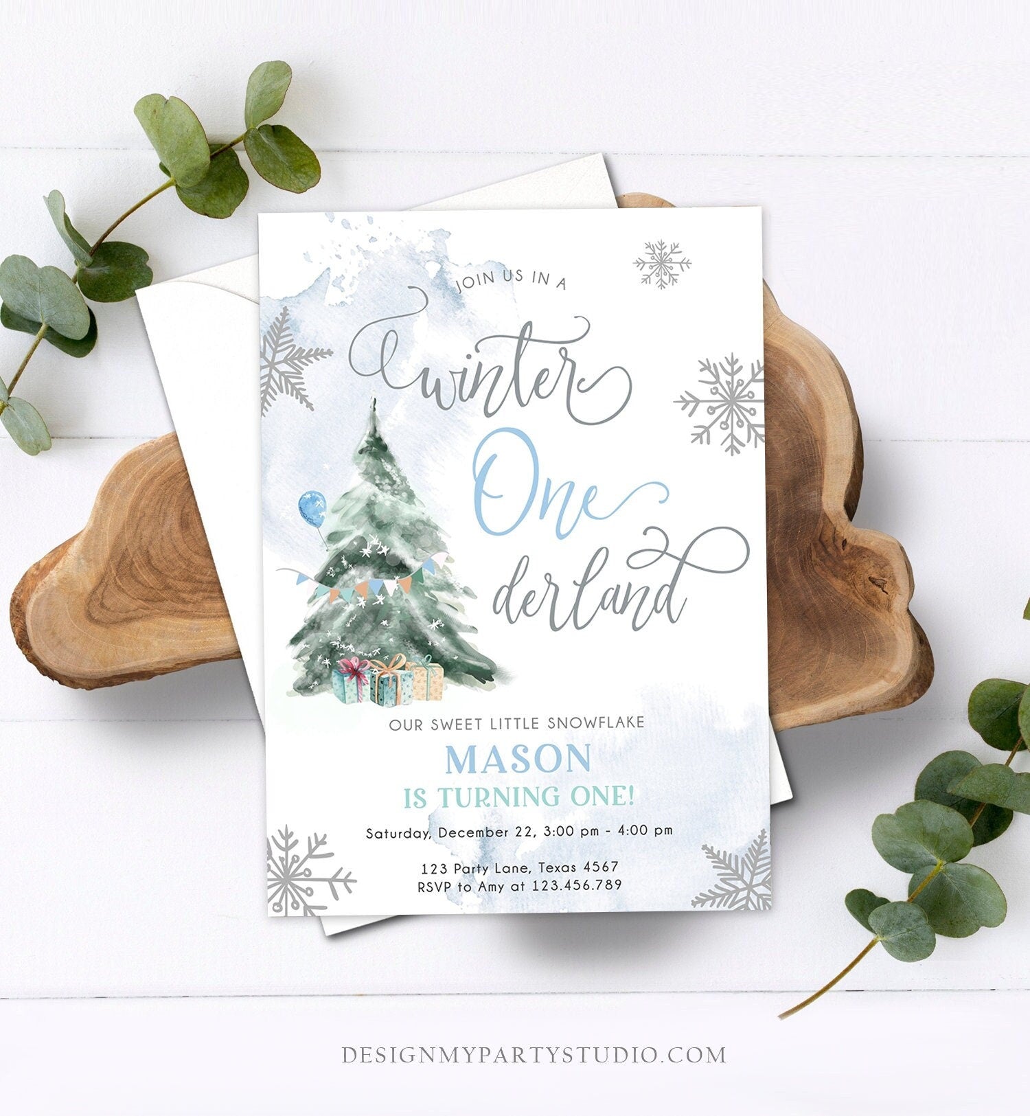 Editable Winter ONEderland Birthday Invitation First Birthday 1st Boy Watercolor Tree Christmas Snowflake Digital Template Printable 0363