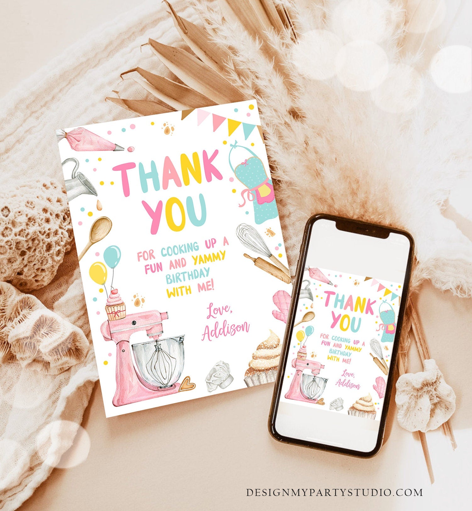 Editable Baking Thank You Card Kids Cooking Birthday Thank You Note Girl Chef Kitchen Cupcake Decorating Corjl Template Printable 0364