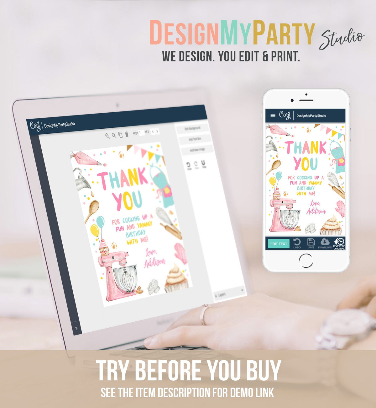 Editable Baking Thank You Card Kids Cooking Birthday Thank You Note Girl Chef Kitchen Cupcake Decorating Corjl Template Printable 0364