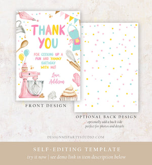Editable Baking Thank You Card Kids Cooking Birthday Thank You Note Girl Chef Kitchen Cupcake Decorating Corjl Template Printable 0364