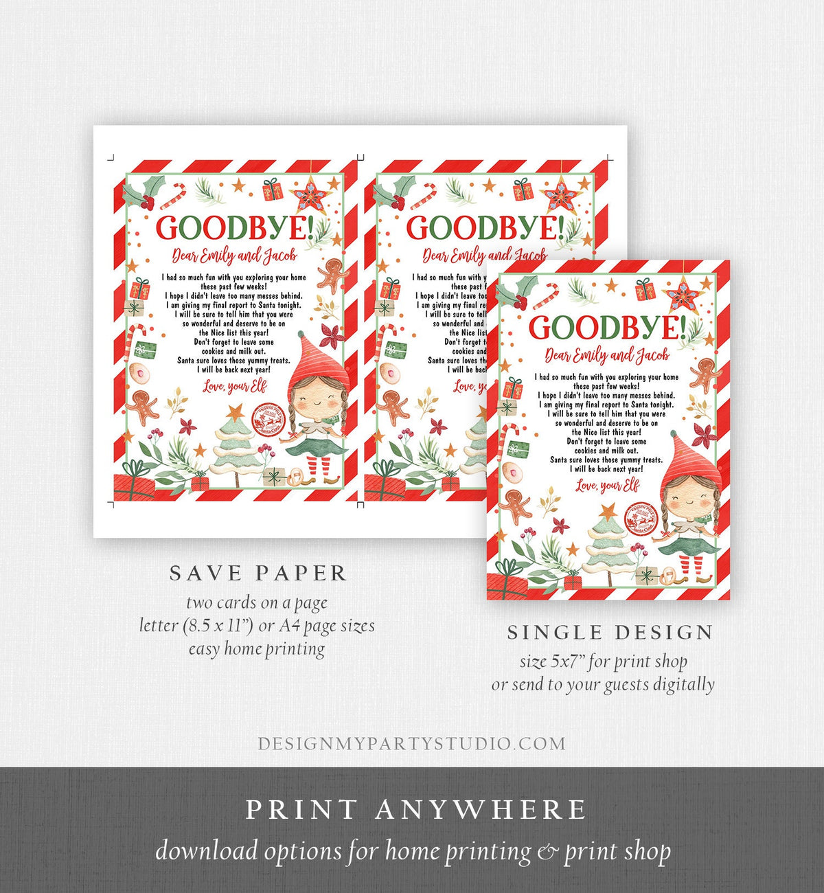 Editable Elf Goodbye Letter Departure Letter Christmas Goodbye to Your Elf Christmas Elf Letter Santa Claus Poem Printable Template 0358