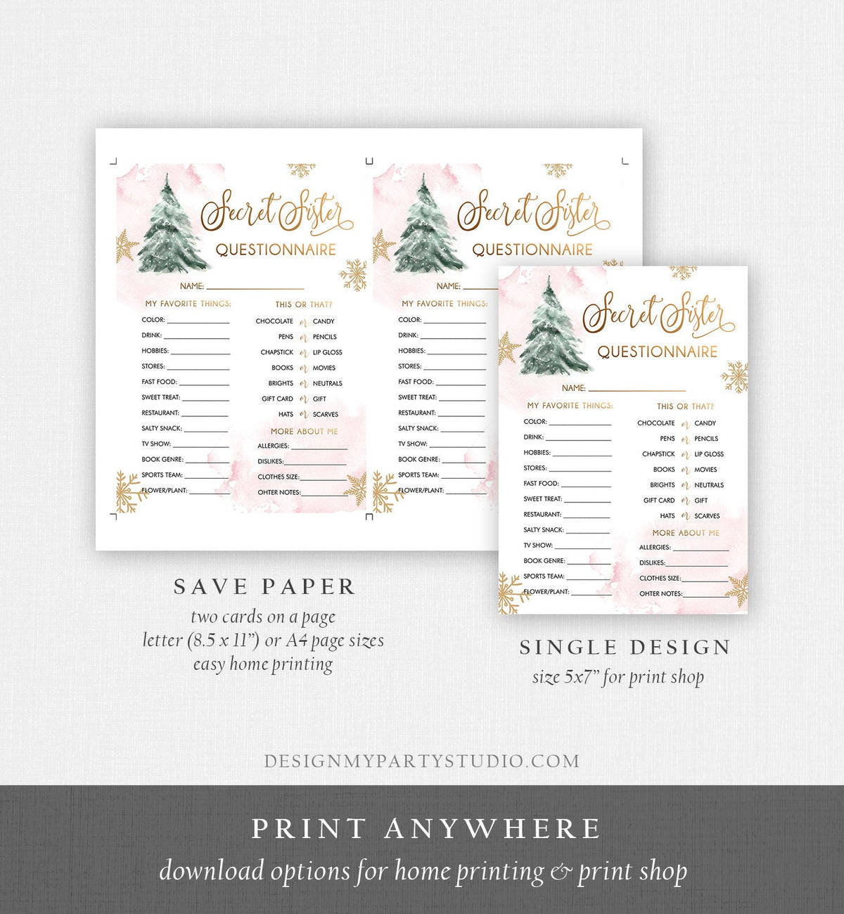 Editable Secret Sister Questionnaire Baby Shower Game Winter Tree Cold Outside Snowflake Girl Pink Gold Corjl Template Printable 0363