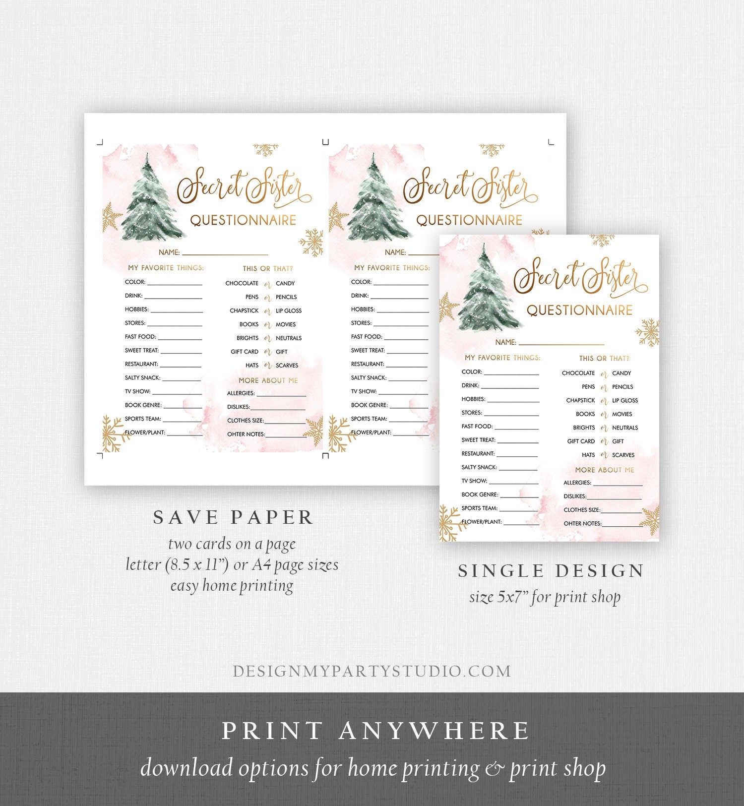Editable Secret Sister Questionnaire Baby Shower Game Winter Tree Cold Outside Snowflake Girl Pink Gold Corjl Template Printable 0363