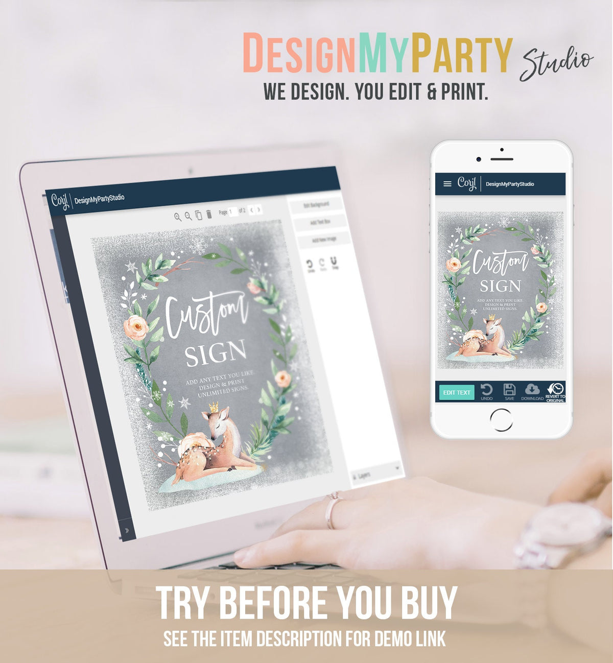 Editable Custom Sign Winter Deer First Birthday Baby Shower Sign Winter Onederland Cold Outside Pink Gold Digital Download Printable 0265