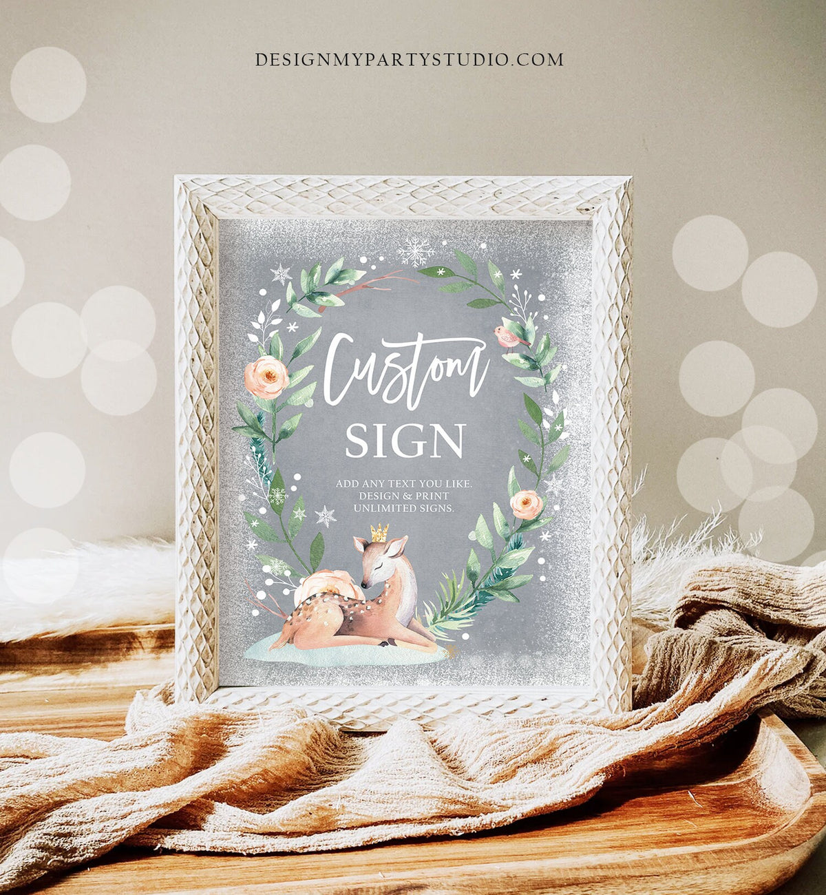Editable Custom Sign Winter Deer First Birthday Baby Shower Sign Winter Onederland Cold Outside Pink Gold Digital Download Printable 0265