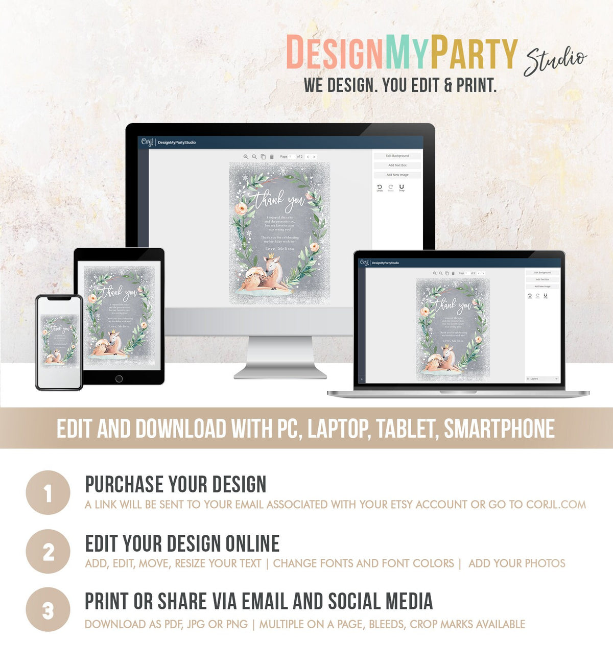 Editable Winter Onederland Thank You Card Winter Deer Snowflake First Birthday Note Pink Girl Gold Digital Download Template Printable 0265