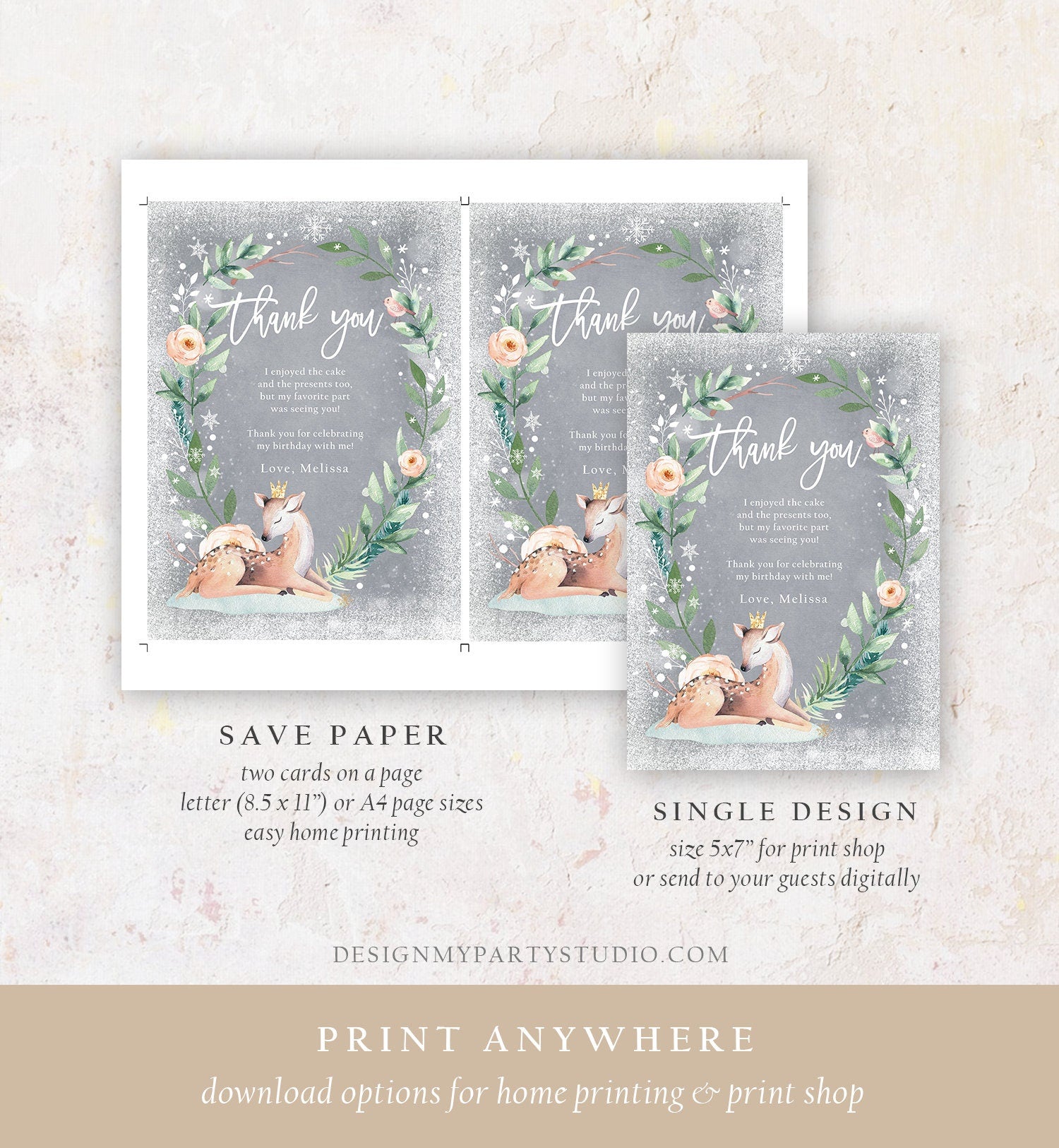 Editable Winter Onederland Thank You Card Winter Deer Snowflake First Birthday Note Pink Girl Gold Digital Download Template Printable 0265