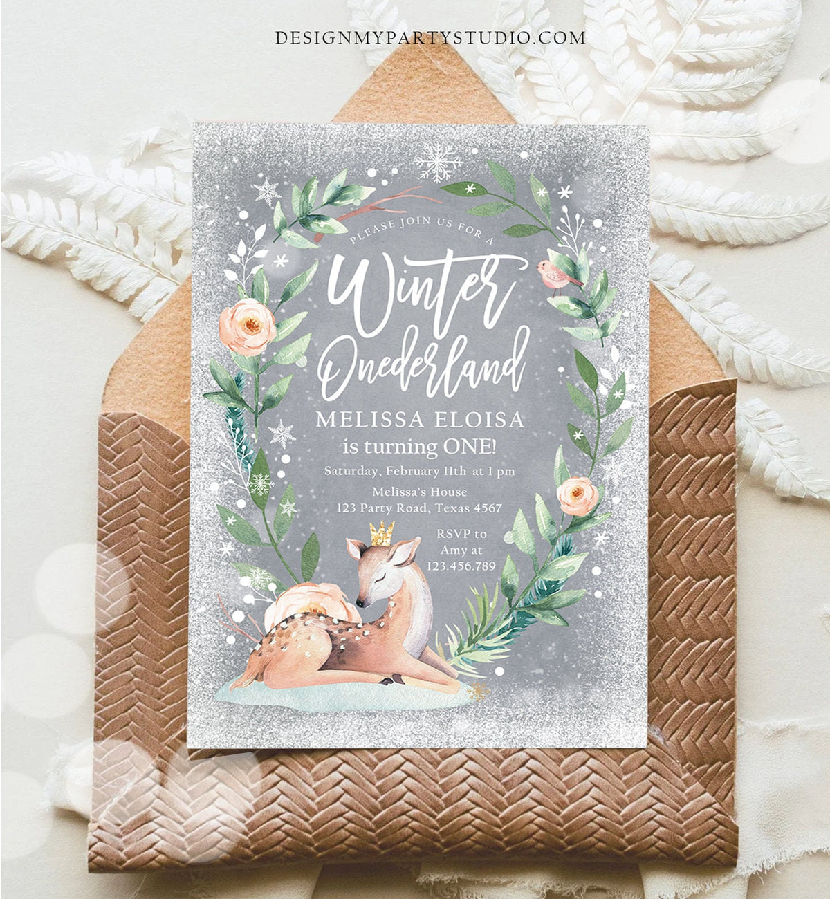 Editable Winter ONEderland Birthday Invitation Deer First Birthday Snowflakes Girl Pink Gold Foil Digital Evite Template Printable 0265