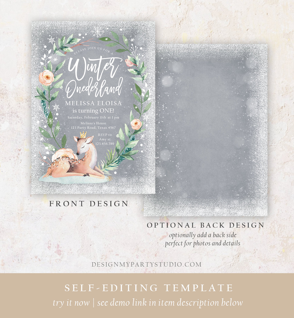 Editable Winter ONEderland Birthday Invitation Deer First Birthday Snowflakes Girl Pink Gold Foil Digital Evite Template Printable 0265