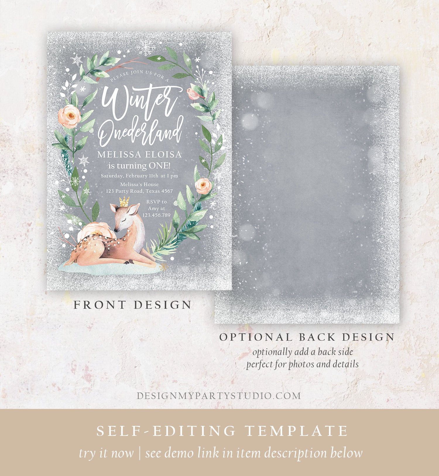 Editable Winter ONEderland Birthday Invitation Deer First Birthday Snowflakes Girl Pink Gold Foil Digital Evite Template Printable 0265
