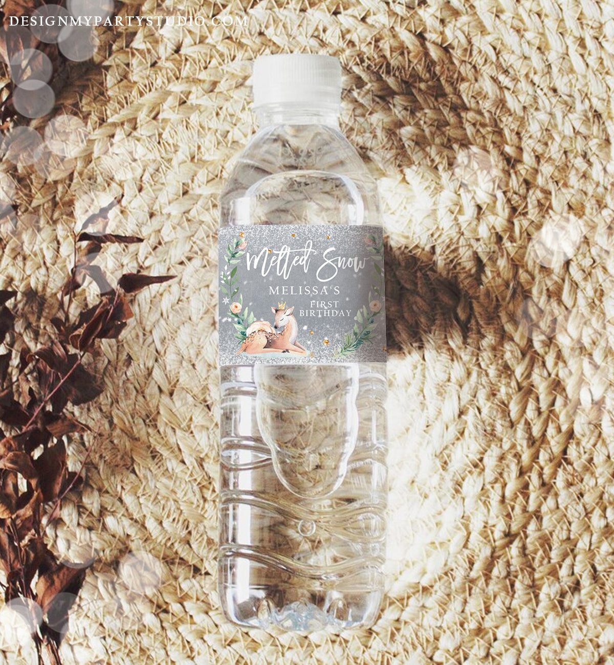 Editable Winter Deer Water Bottle Labels Winter Onederland Party Decor Girl 1st Birthday Pink Gold Christmas Digital Template Printable 0265