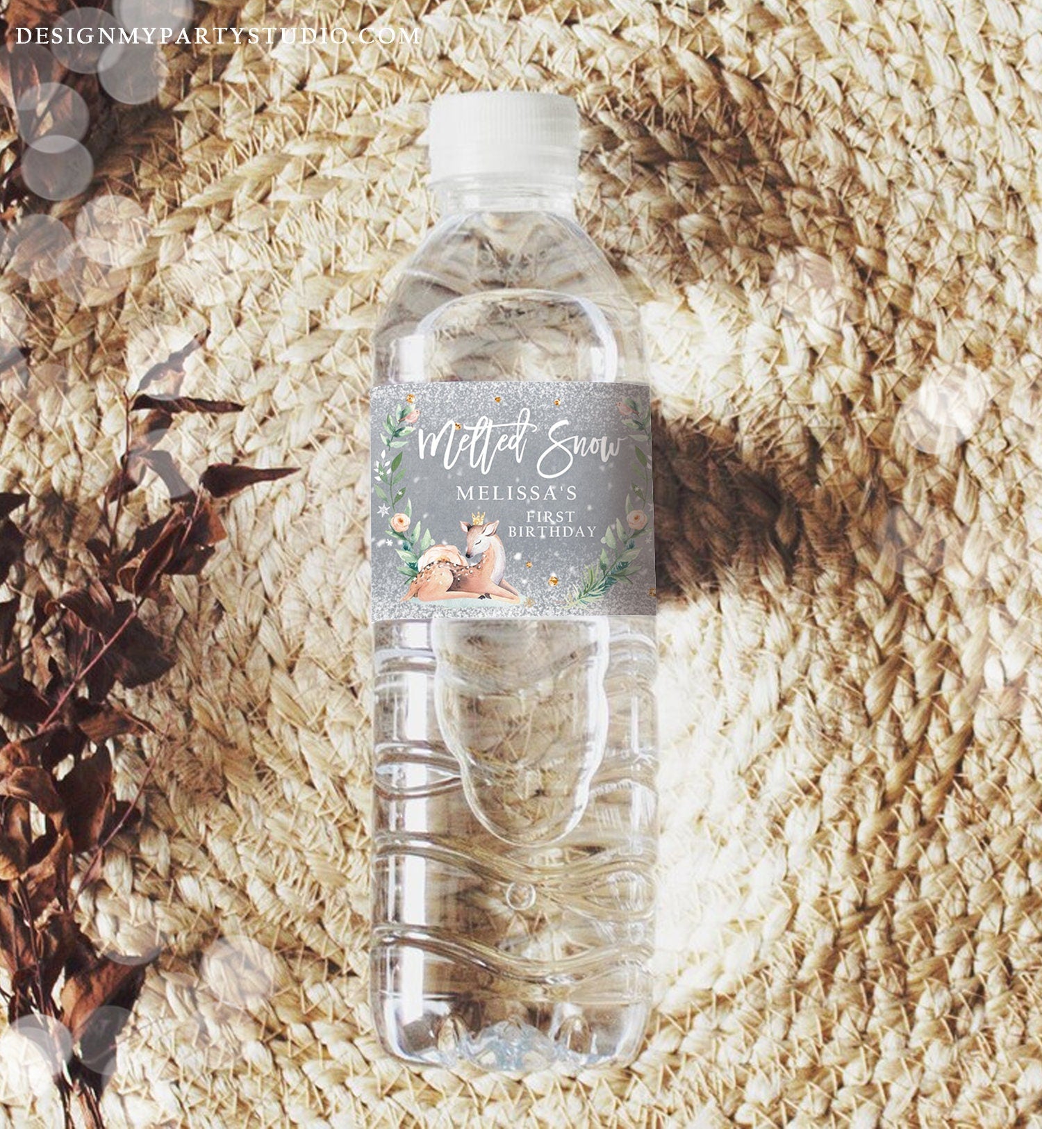 Editable Winter Deer Water Bottle Labels Winter Onederland Party Decor Girl 1st Birthday Pink Gold Christmas Digital Template Printable 0265