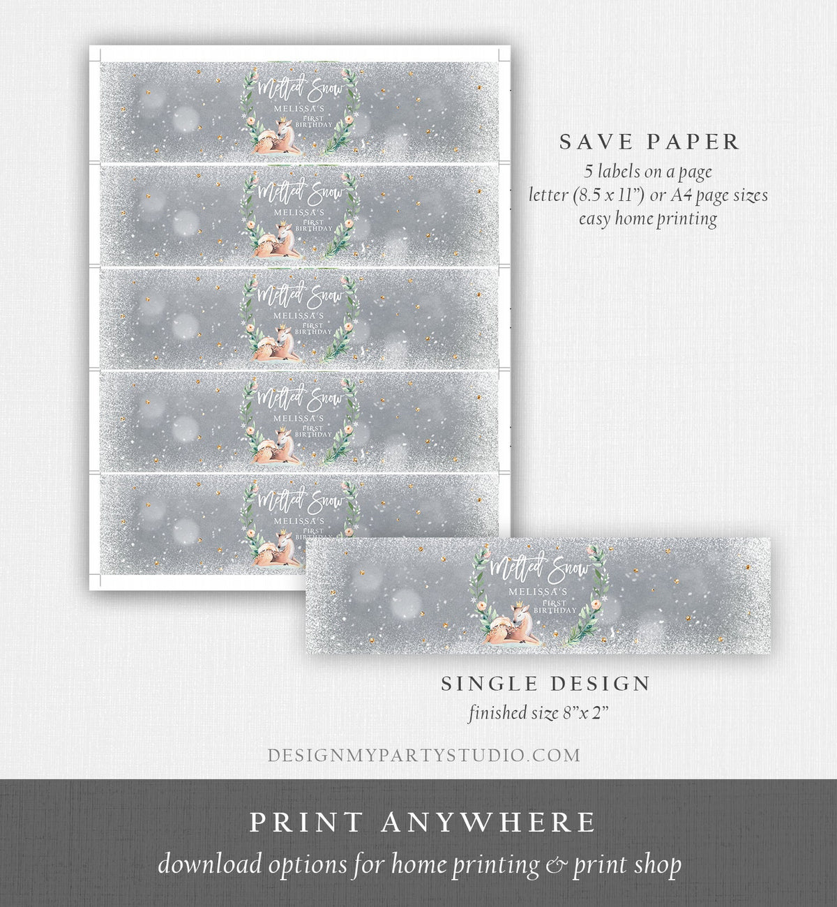 Editable Winter Deer Water Bottle Labels Winter Onederland Party Decor Girl 1st Birthday Pink Gold Christmas Digital Template Printable 0265