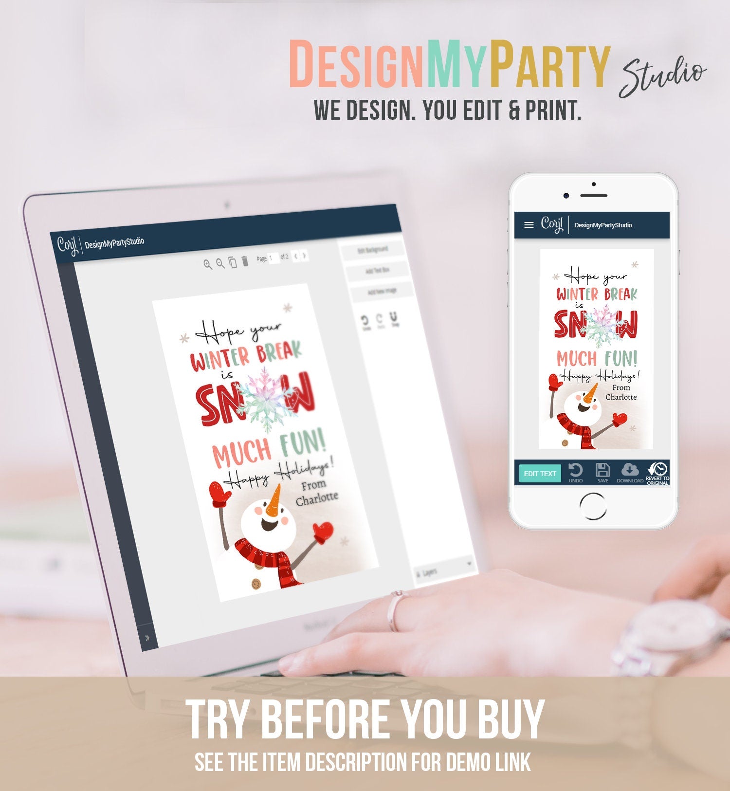 Editable Hope Your Winter Break is Snow Much Fun Favor Gift Tag Christmas Holiday Teacher Student Preschool Digital Template Printable 0443